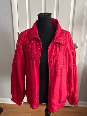 Women's Red Beaded Bomber Jacket - Classic Zip Front